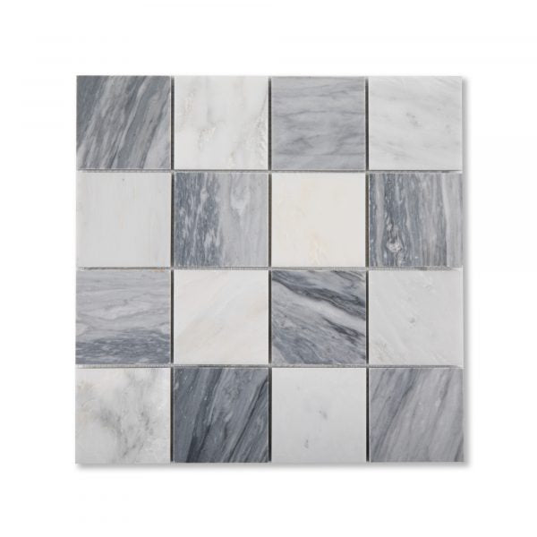 Sample: Casablanca Carrara & Bardiglio Grey Marble 3 Inch Checkerboard Mosaic Marble Tile | Honed-Sample-Sample-Riad Tile