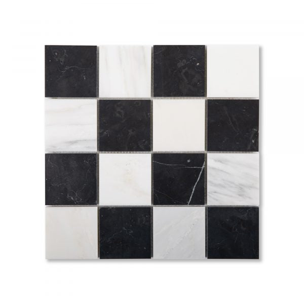Sample: Casablanca Carrara & Nero Marquina 3 Inch Checkerboard Mosaic Marble Tile | Honed-Sample-Sample-Riad Tile