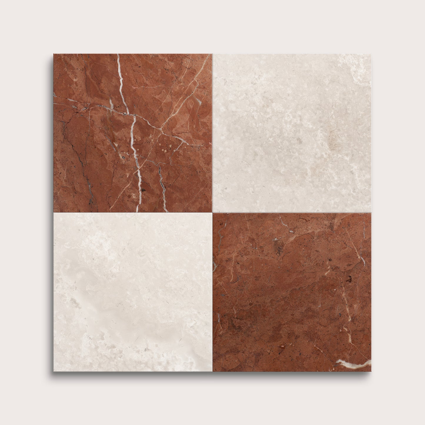 Four square tiles with brown and beige marble patterns on a white background
