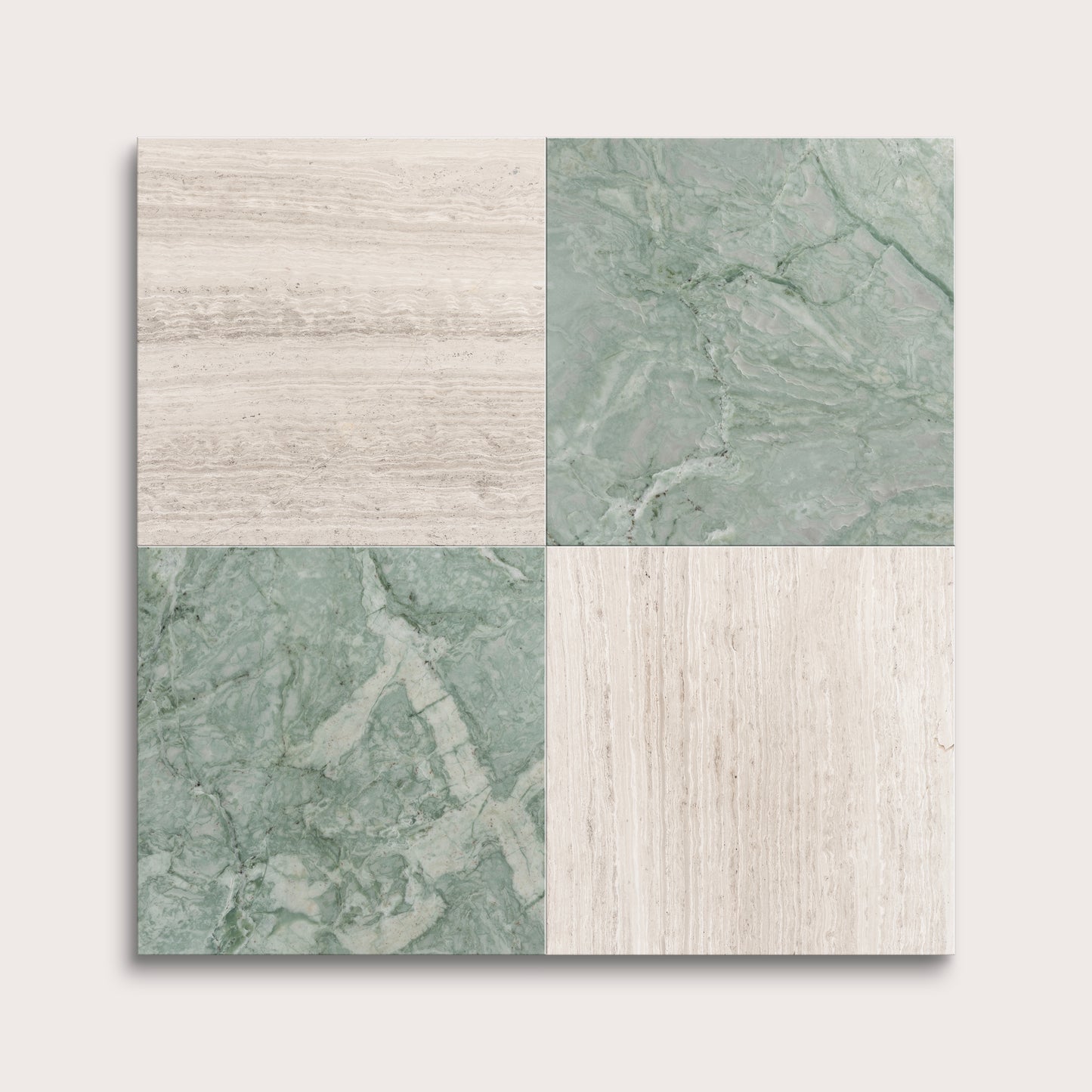 marble and limestone square tiles in checkerboard pattern on light grey background