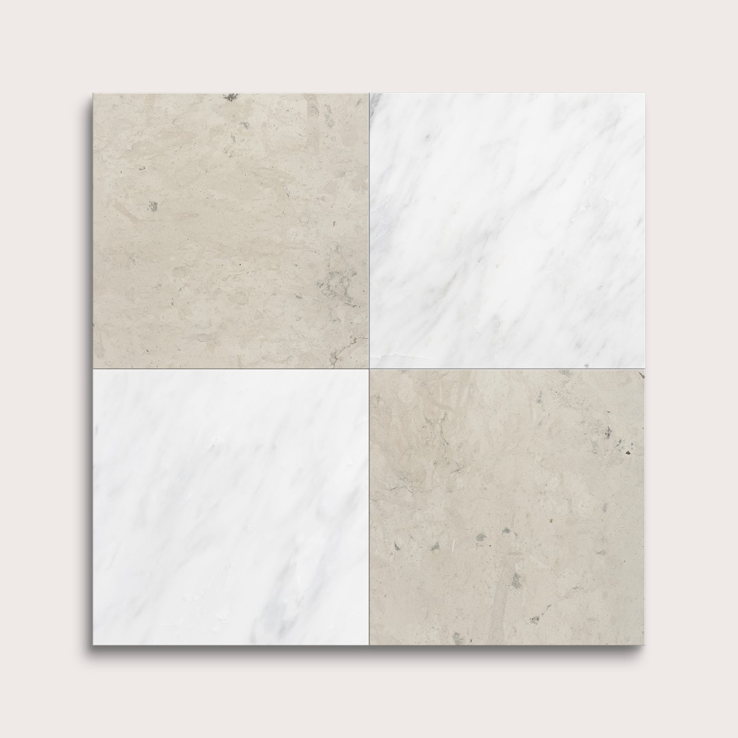 Four square tiles in gray and white on a light gray background
