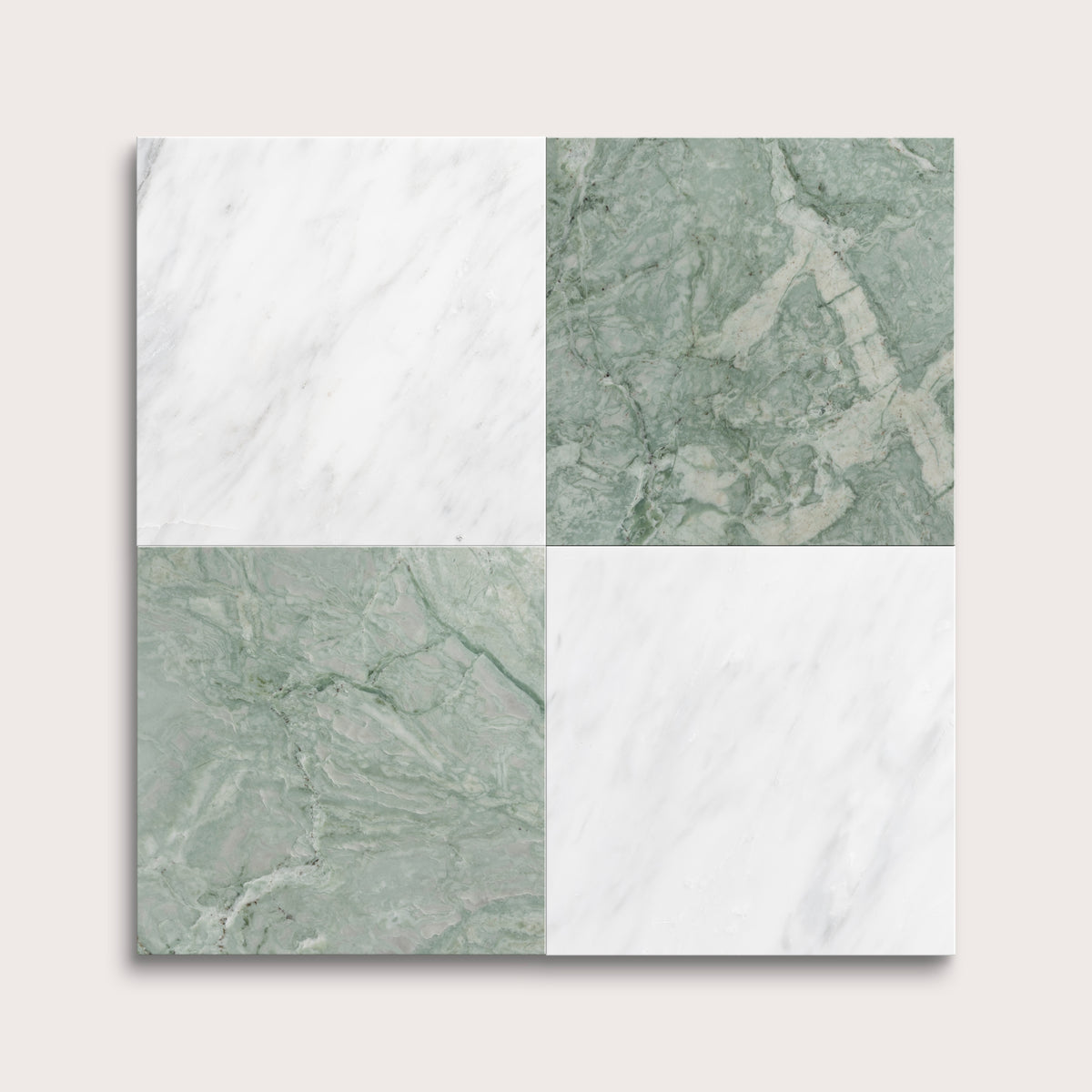 marble and limestone square tiles in checkerboard pattern on light grey background