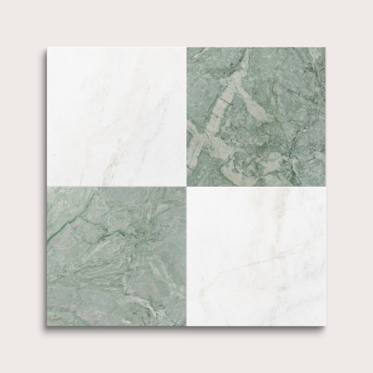 marble and limestone square tiles in checkerboard pattern on light grey background