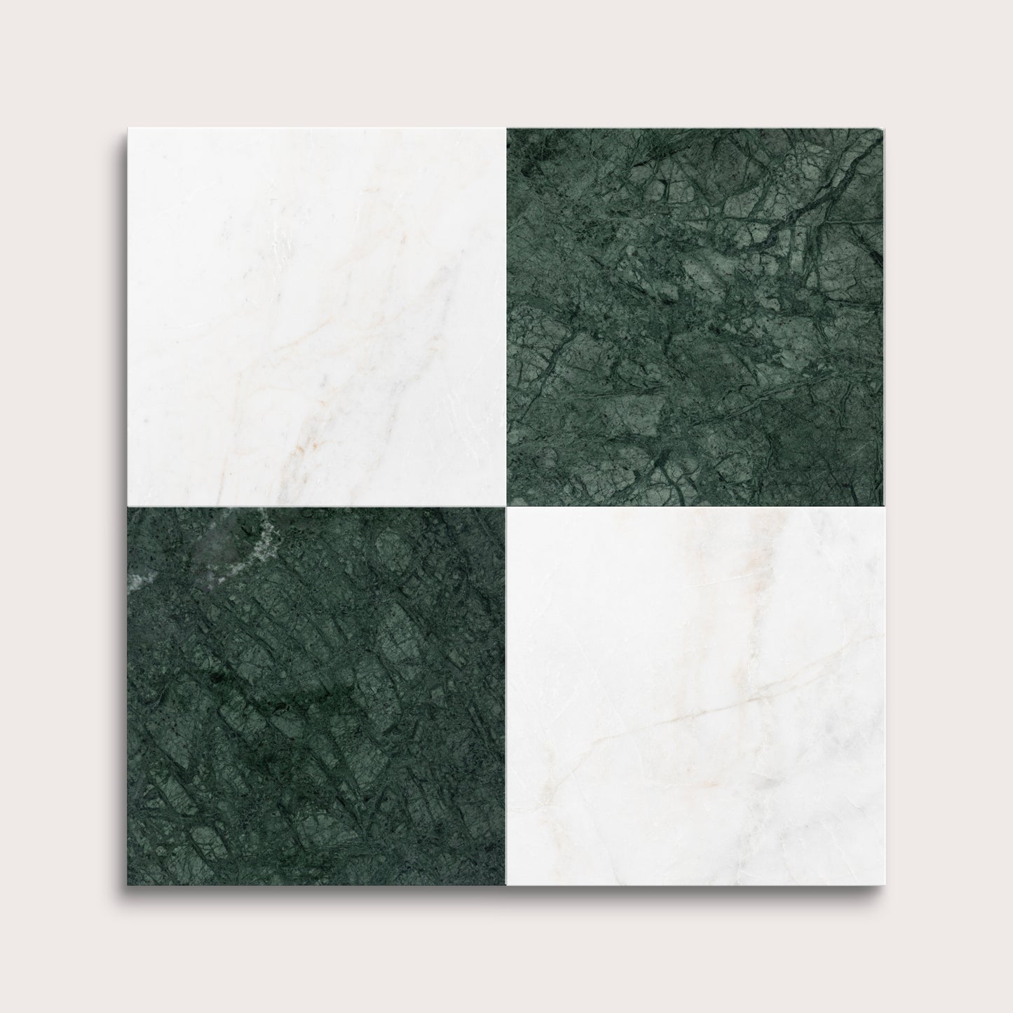 marble and limestone square tiles in checkerboard pattern on light grey background