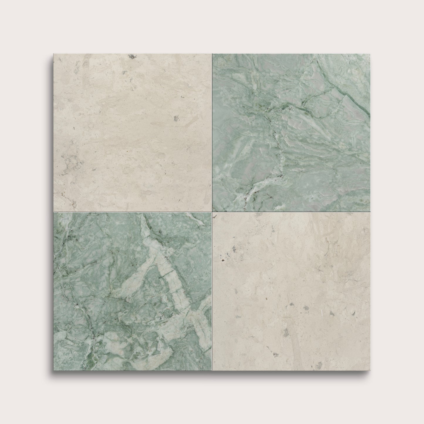 marble and limestone square tiles in checkerboard pattern on light grey background