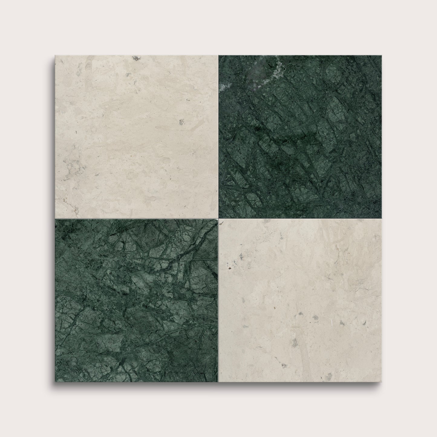 marble and limestone square tiles in checkerboard pattern on light grey background