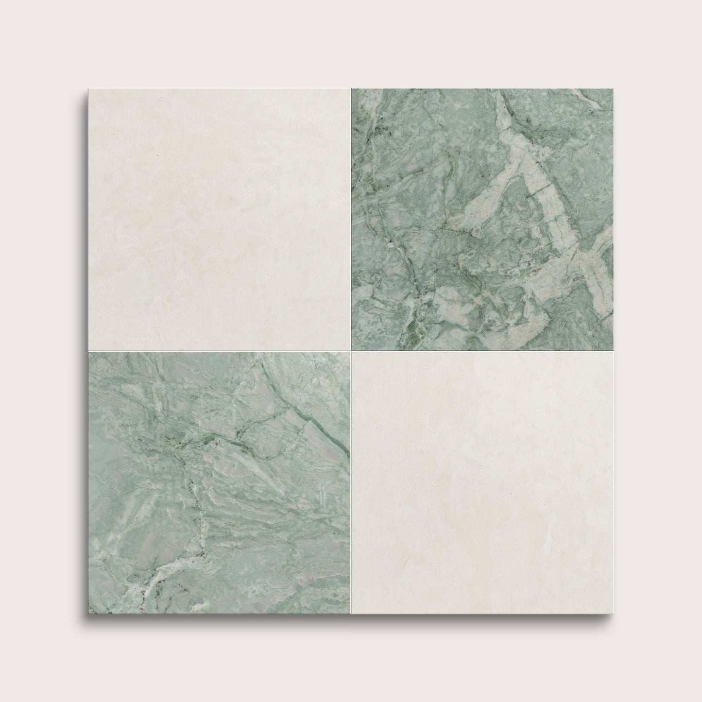 marble and limestone square tiles in checkerboard pattern on light grey background