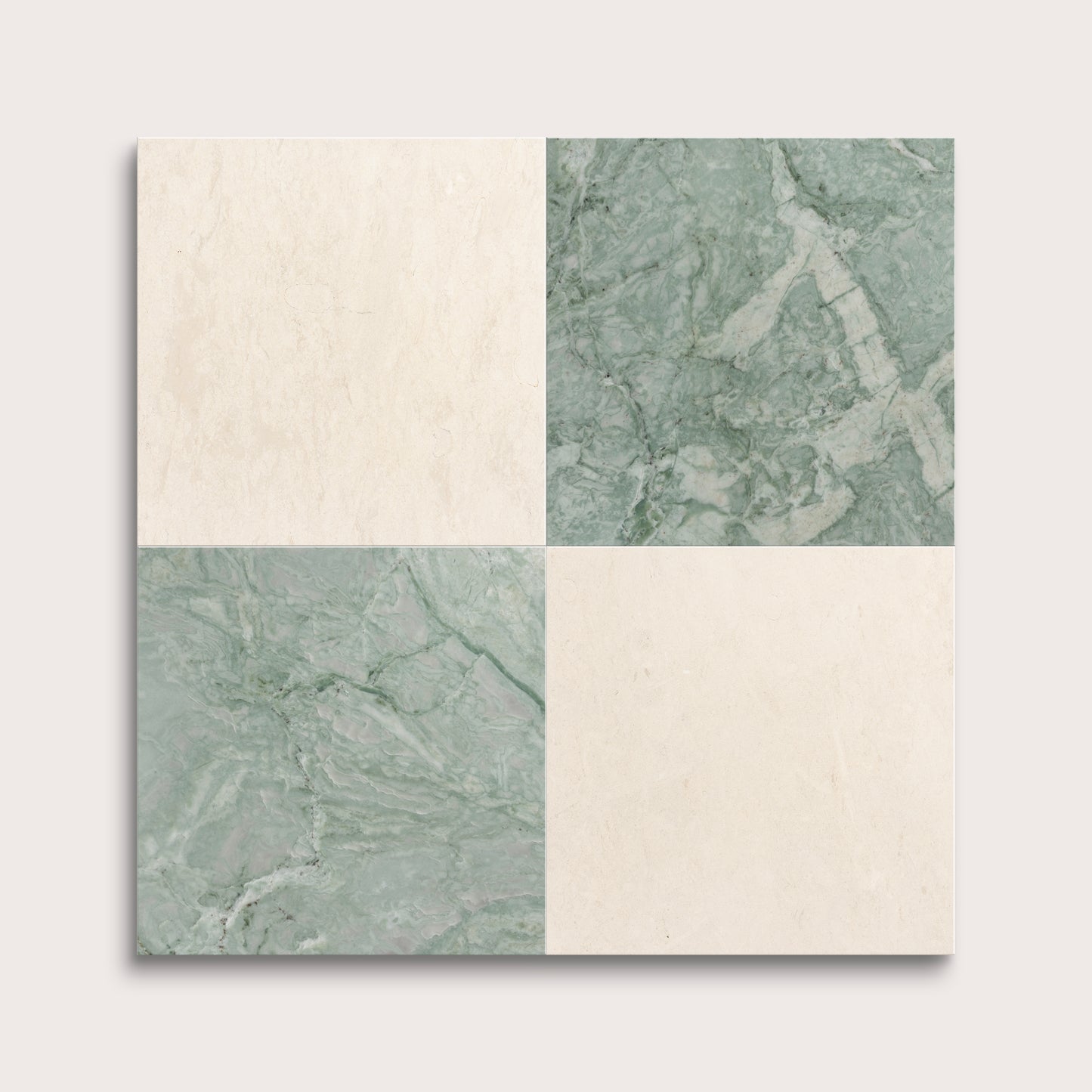 marble and limestone square tiles in checkerboard pattern on light grey background