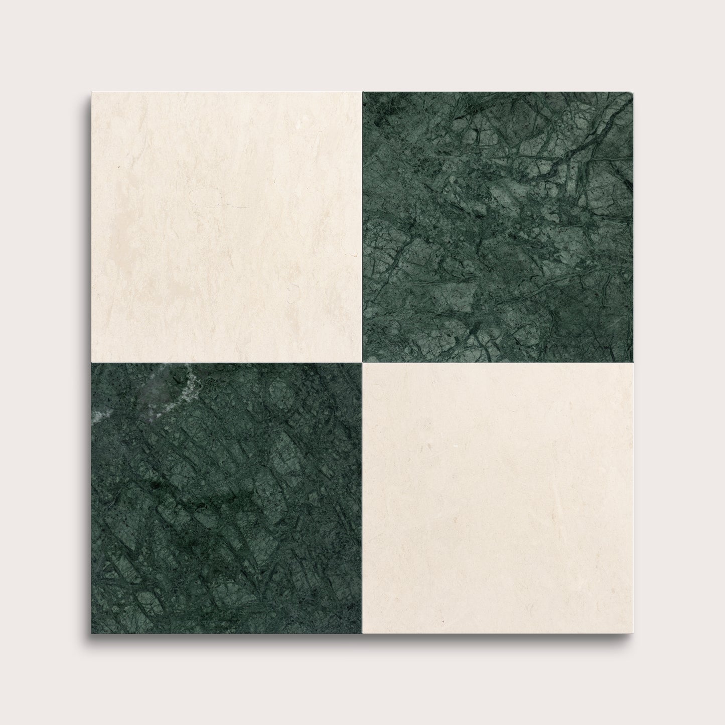 marble and limestone square tiles in checkerboard pattern on light grey background