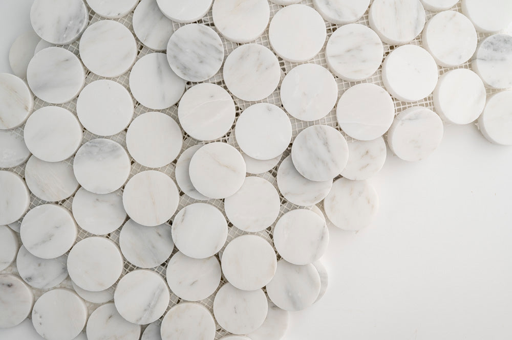 Casablanca Carrara 2 Inch Penny Round Mosaic Marble Tile | Honed-Main Inventory-All Products,Natural Stone-Riad Tile