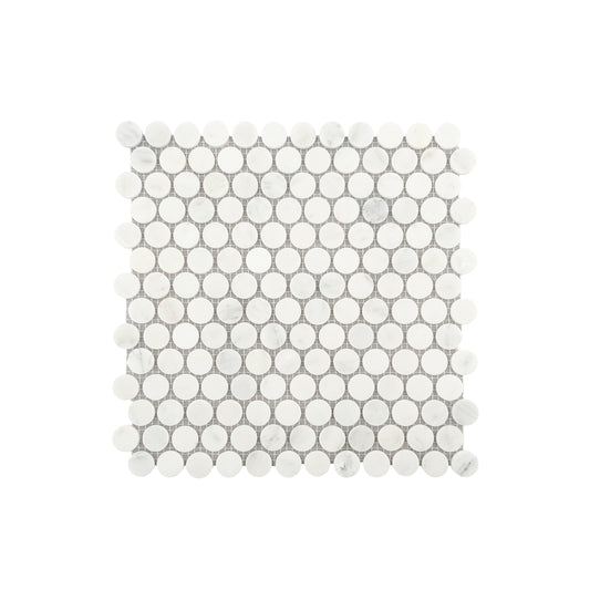 Casablanca Carrara 1 Inch Penny Round Mosaic Marble Tile | Honed-Main Inventory-All Products,Natural Stone-Riad Tile