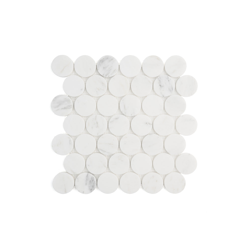 Sample: Casablanca Carrara 2 Inch Penny Round Mosaic Marble Tile | Honed-Sample-Sample-Riad Tile