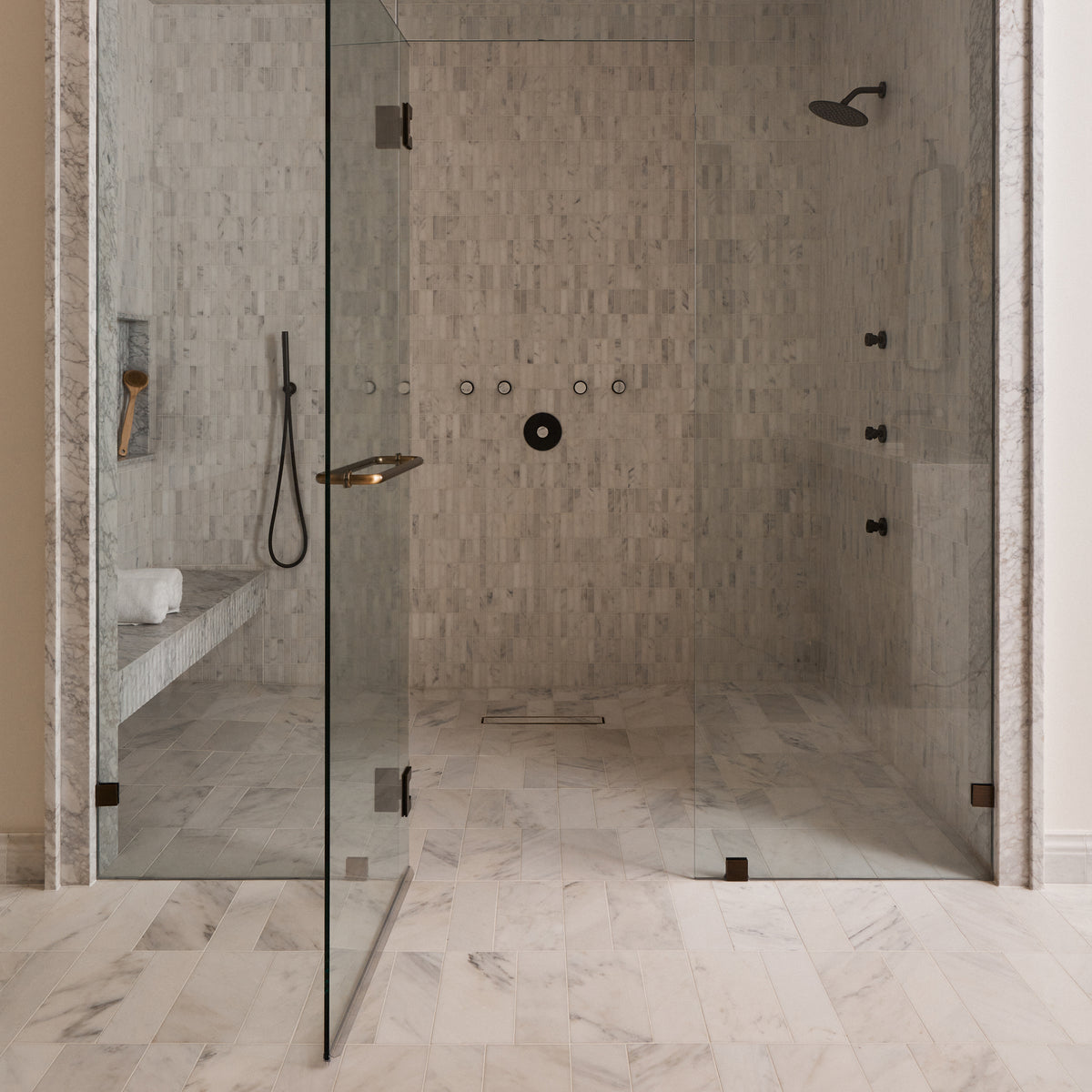 casablanca carrara rectangle stacked marble in shower