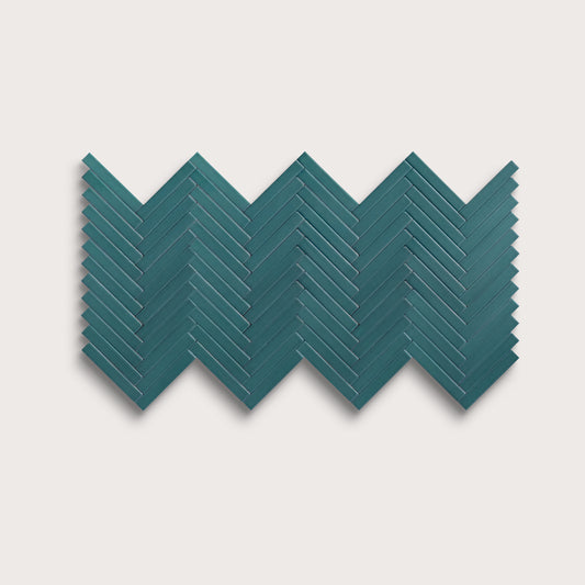 Aegean Blue ceramic tile, 1 by 6 inch herringbone mosaic, matte finish