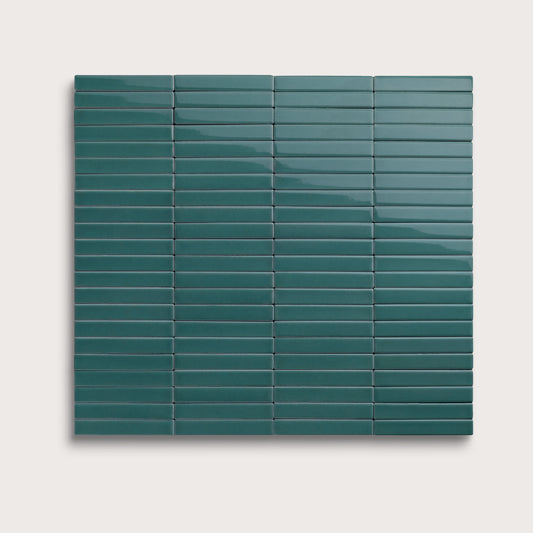 Aegean Blue ceramic tile, 1 by 6 inch stacked mosaic, gloss finish