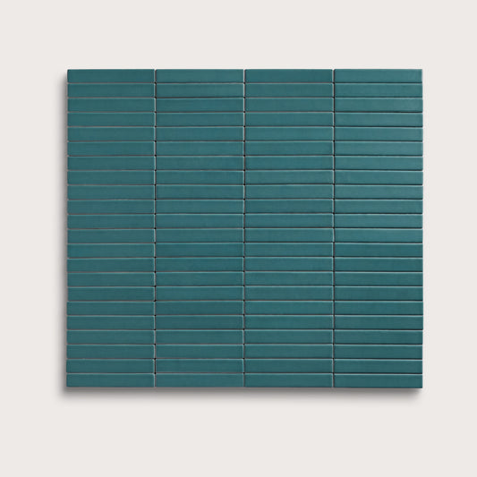 Aegean Blue ceramic tile, 1 by 6 inch stacked mosaic, matte finish