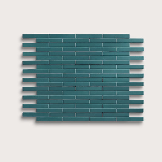 Aegean Blue ceramic tile, 1 by 6 inch subway mosaic, matte finish