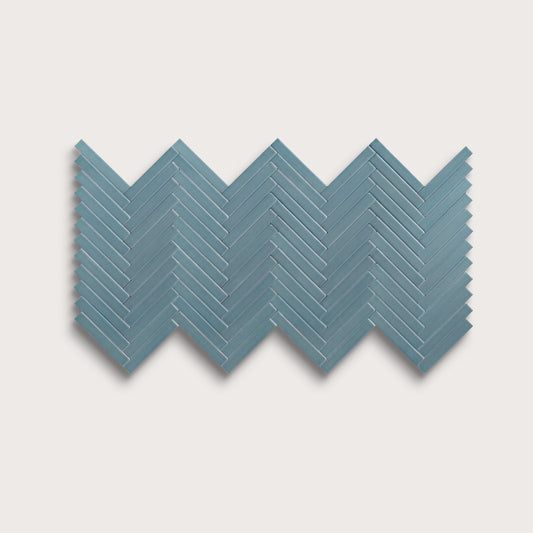 Blue Sky ceramic tile, 1 by 6 inch herringbone mosaic, matte finish