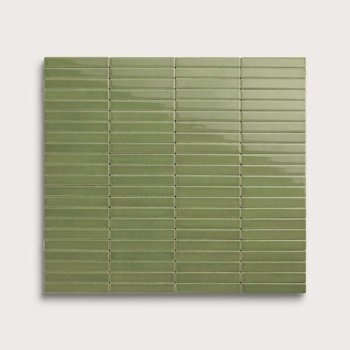 Cactus Green ceramic tile, 1 by 6 inch stacked mosaic, gloss finish