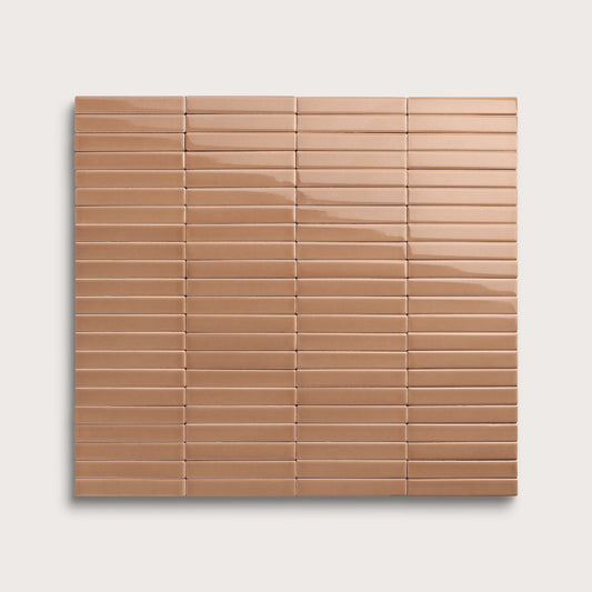 Clay ceramic tile, 1 by 6 inch stacked mosaic, gloss finish