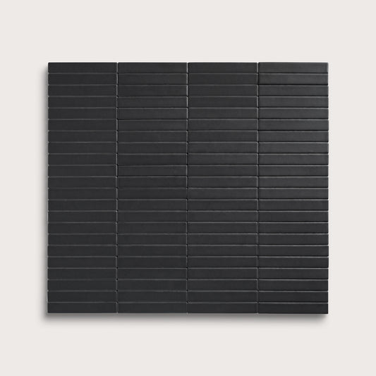 Deep Black ceramic tile, 1 by 6 inch stacked mosaic, matte finish