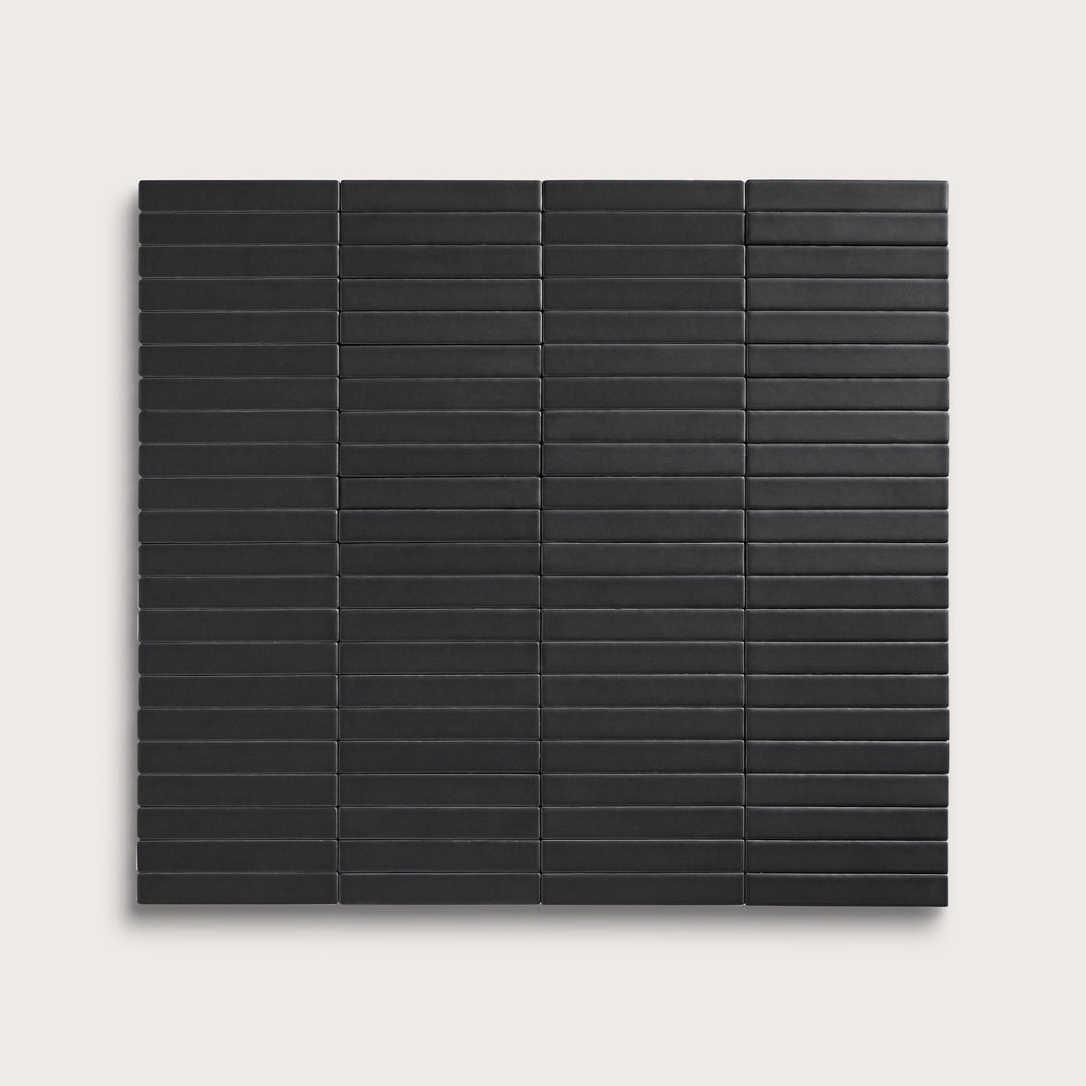 Deep Black ceramic tile, 1 by 6 inch stacked mosaic, matte finish