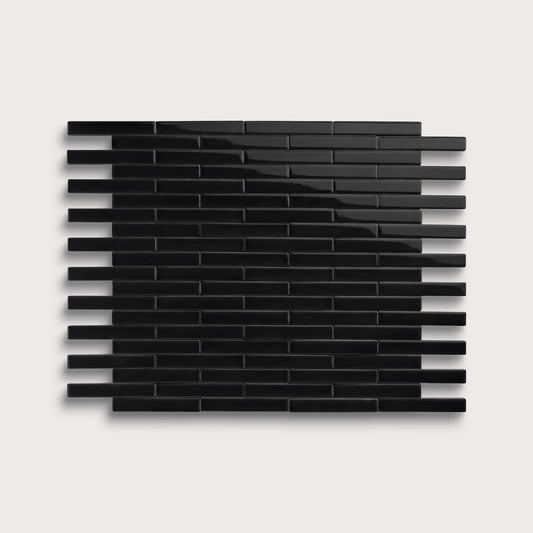 Deep Black ceramic tile, 1 by 6 inch subway mosaic, gloss finish