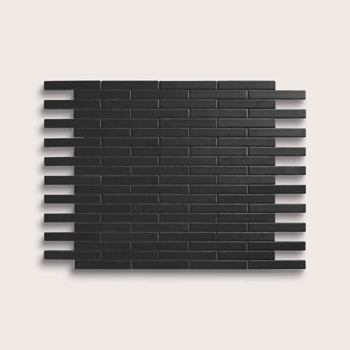 Deep Black ceramic tile, 1 by 6 inch subway mosaic, matte finish