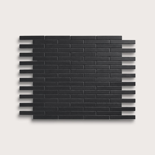 Deep Black ceramic tile, 1 by 6 inch subway mosaic, matte finish