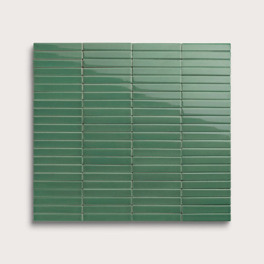 Evergreen ceramic tile, 1 by 6 inch stacked mosaic, gloss finish