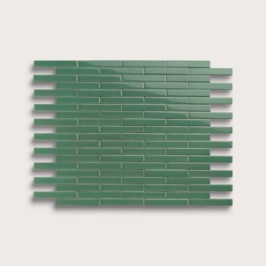 Evergreen ceramic tile, 1 by 6 inch subway mosaic, gloss finish