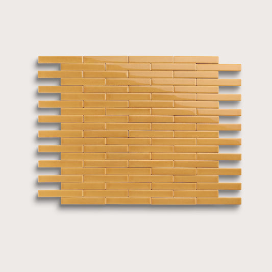 Gambol Gold ceramic tile, 1 by 6 inch subway mosaic, gloss finish