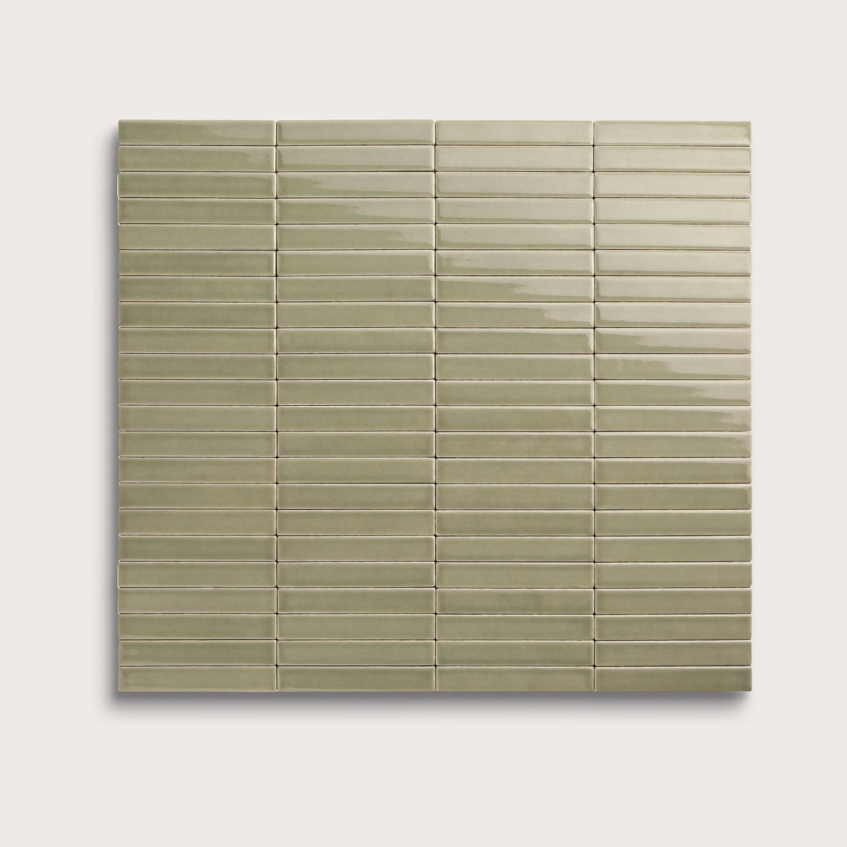 Ghetty Green ceramic tile, 1 by 6 inch stacked mosaic, gloss finish