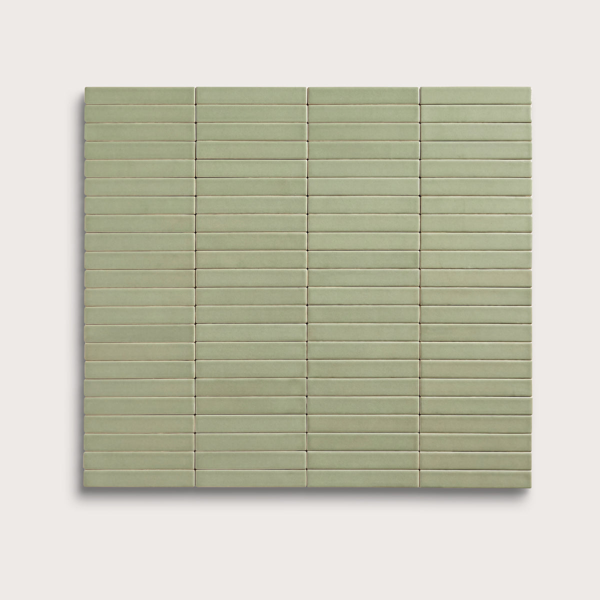 Ghetty Green ceramic tile, 1 by 6 inch stacked mosaic, matte finish