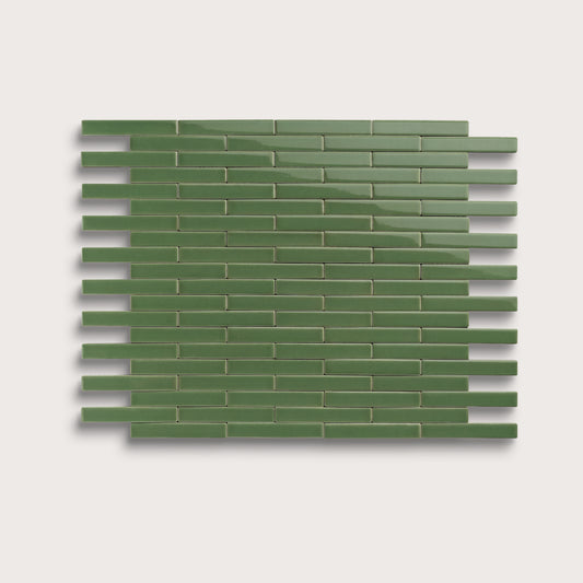 Kale ceramic tile, 1 by 6 inch subway mosaic, gloss finish