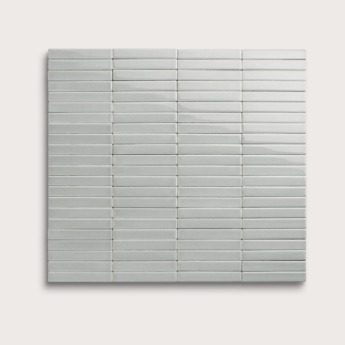 Misty ceramic tile, 1 by 6 inch stacked mosaic, gloss finish