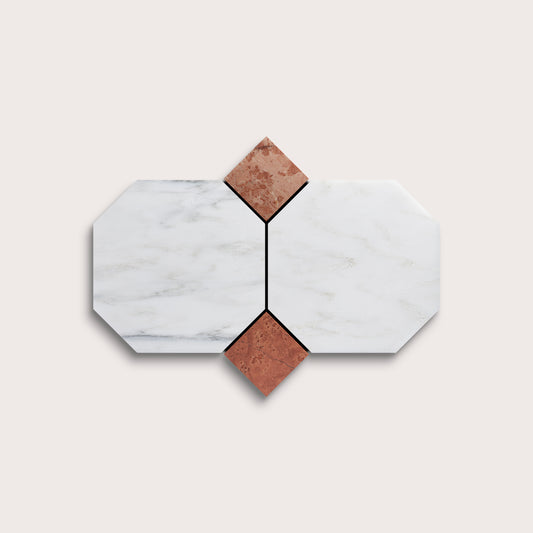 Hexagonal tiles with white and brown marble on a light gray background