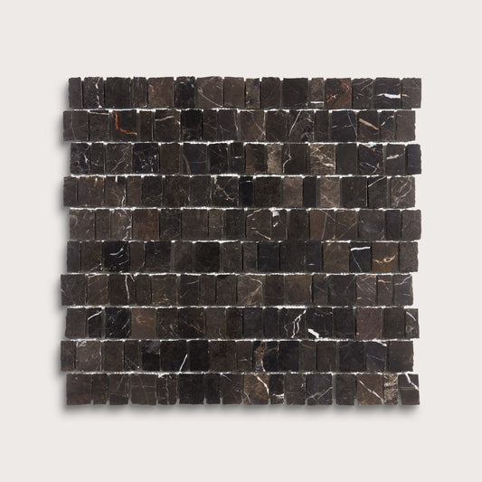 A square sample of dark marble mosaic tiles with natural white and brown veining, arranged in a grid pattern against a light gray background.