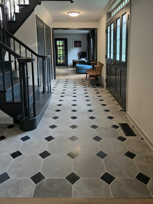grey octagon limestone checkerboard pattern flooring in entryway