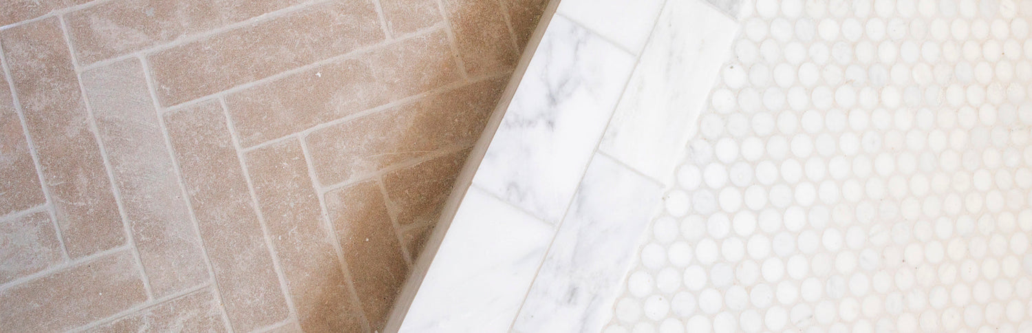 Close-up of bathroom tile flooring with matte finish