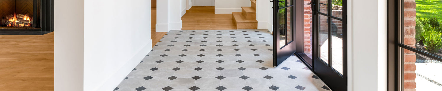 grey limestone checkerboard flooring