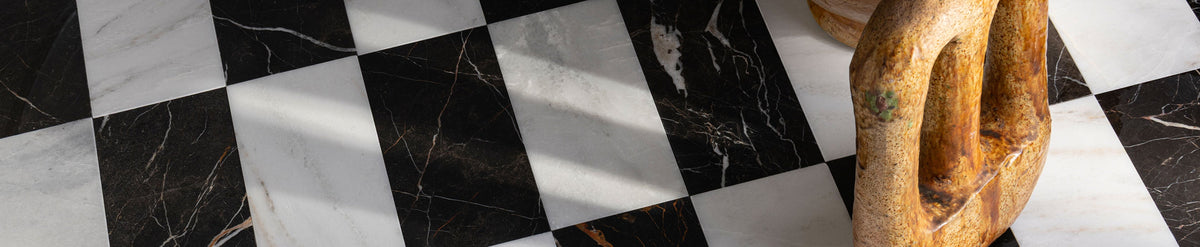 casablanca gold and truffle marble tile in checkerboard pattern