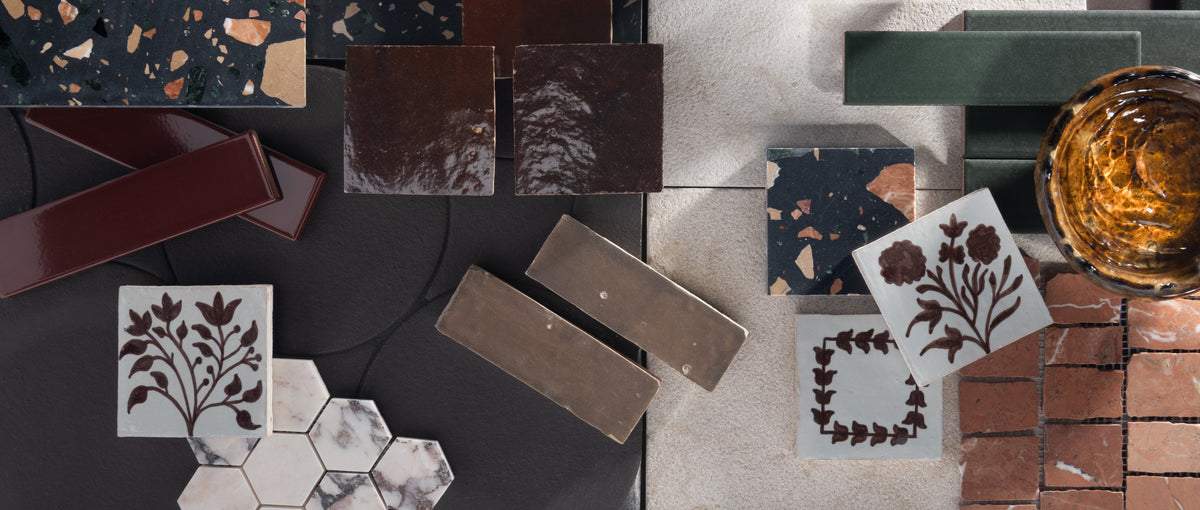 fall color palette of tile in a mood board. includes zellige, terrazzo, marble, and limestone.