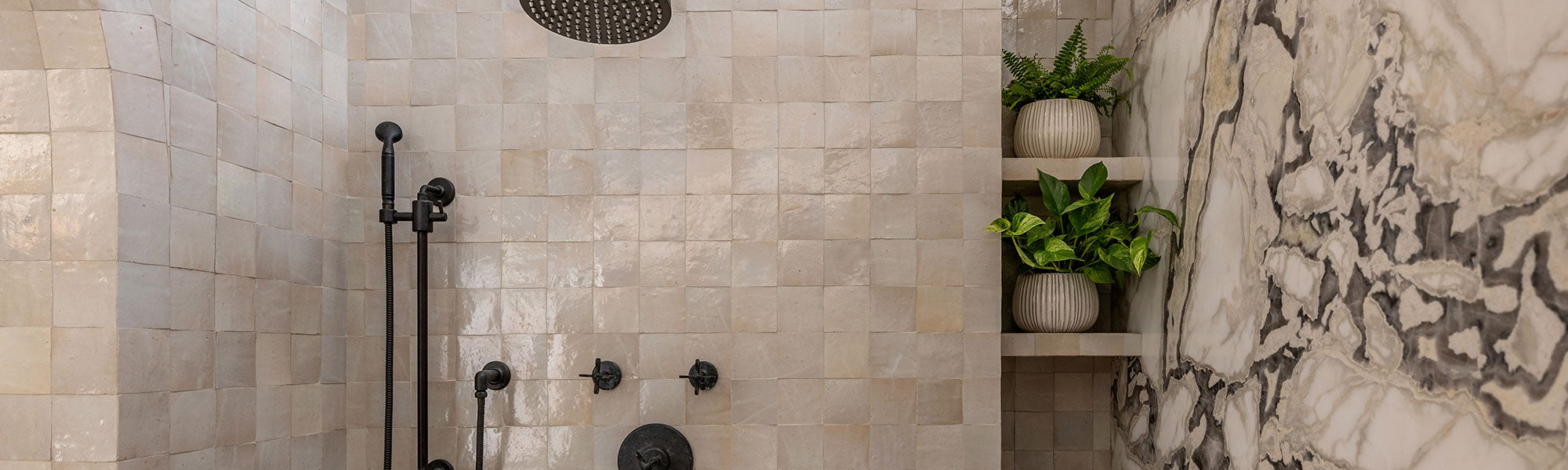 Zellige and Marble Neutral tile installed in shower