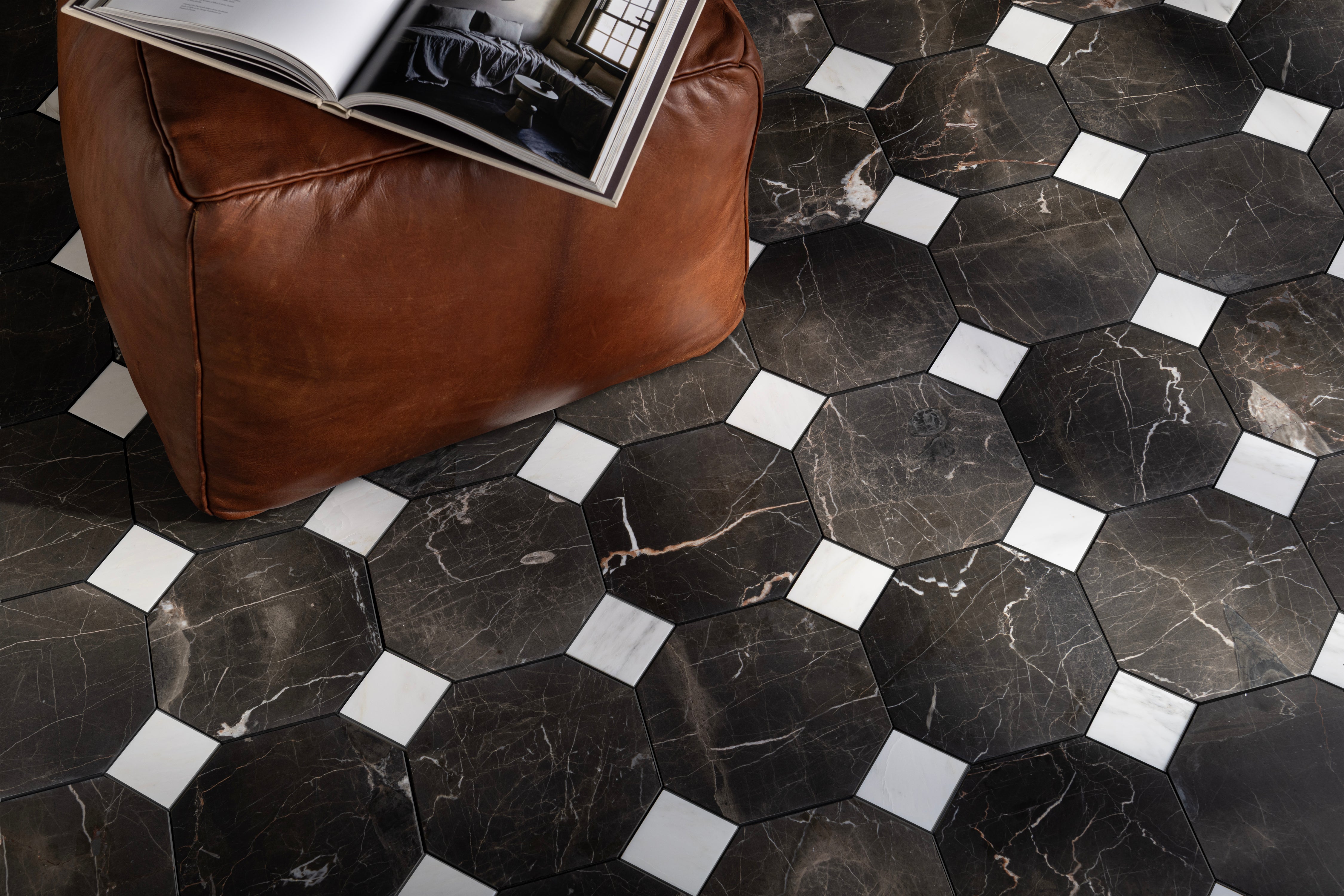 brown and white checkerboard marble floor tile