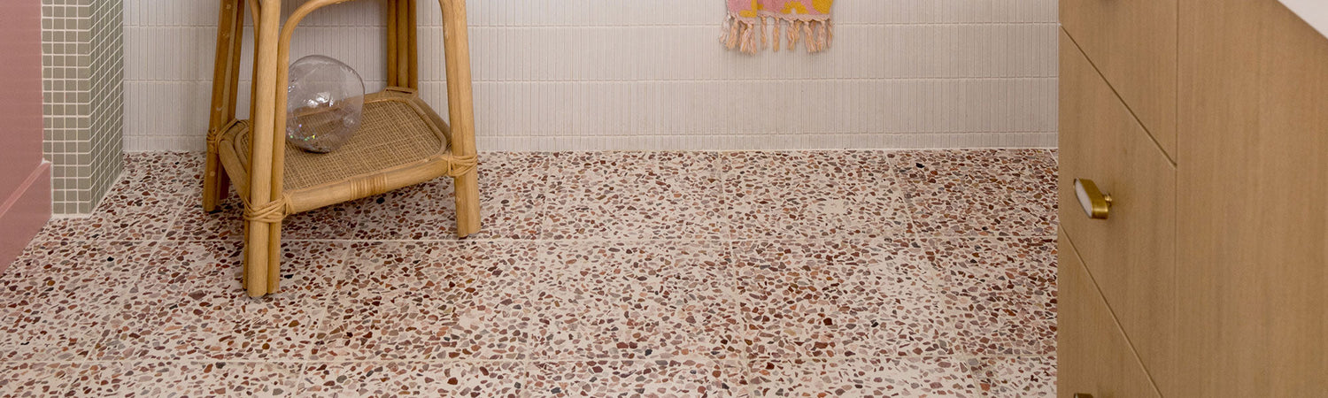 Terrazzo tile installed on bathroom floor