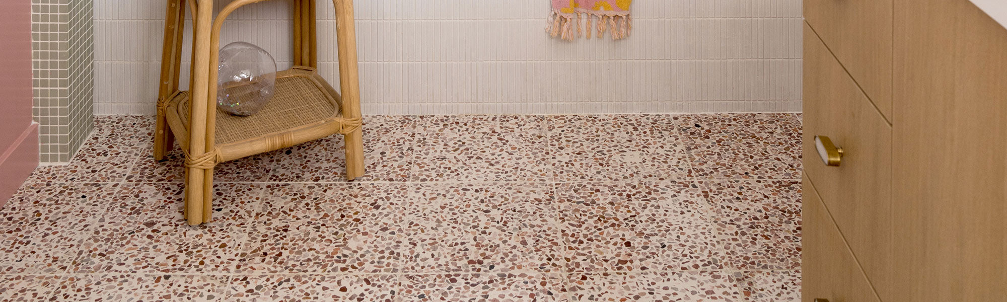Terrazzo tile installed on bathroom floor