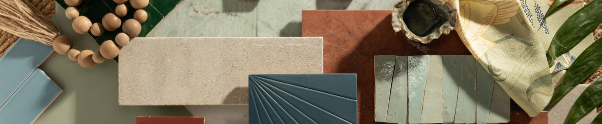 collage of limestone, zellige, ceramic, and marble tile in blues and greens