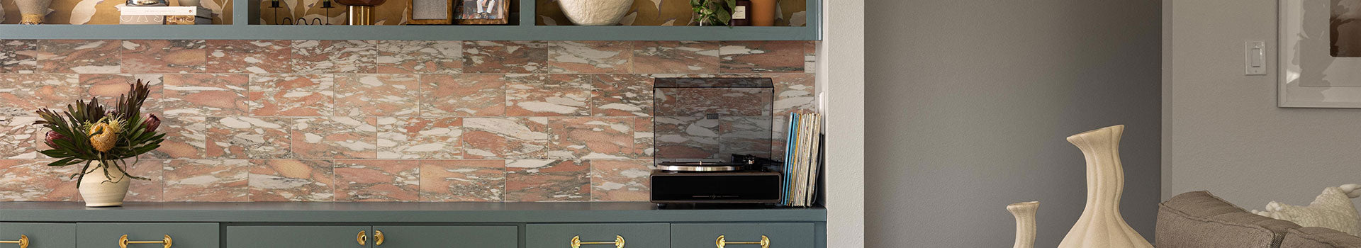 norwegian rose marble installed as backsplash in cabinetry