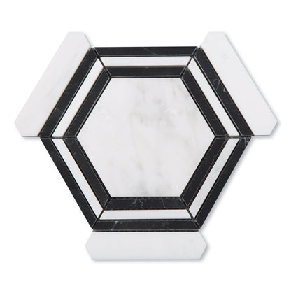 Casablanca Carrara & Nero Marquina Large Hex Mosaic Marble Tile | Honed-Main Inventory-All Products,Natural Stone-Riad Tile